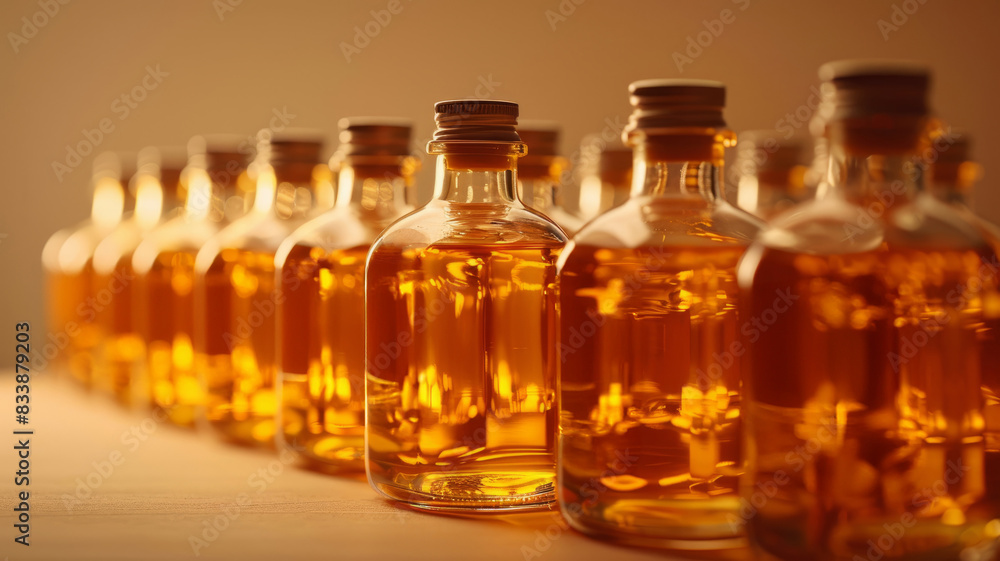 Rows of whisky bottles with golden liquid on a wooden surface. Rows of whisky bottles with golden liquid on a wooden surface.