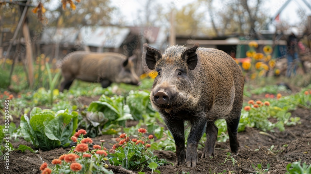 A pig is standing in a field of flowers A pig is standing in a field of flowers