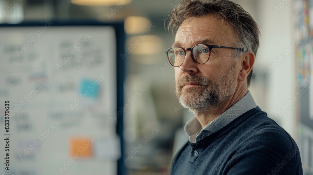 A man with a beard and glasses wearing a blue shirt standing in an office with a whiteboard in the background. A man with a beard and glasses wearing a blue shirt standing in an office with a whiteboard in the background.