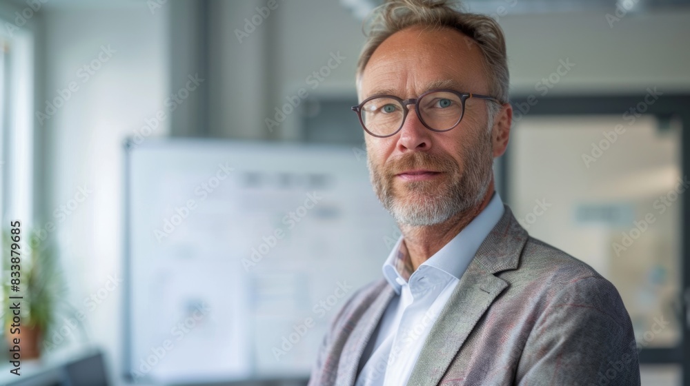 A man with a beard and glasses wearing a suit standing in an office with a whiteboard in the background. A man with a beard and glasses wearing a suit standing in an office with a whiteboard in the background.