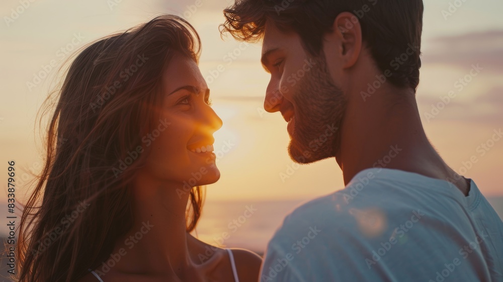 A couple sharing a tender moment as the sun sets casting a warm glow on their faces and the ocean in the background. A couple sharing a tender moment as the sun sets casting a warm glow on their faces and the ocean in the background.