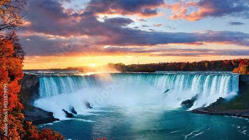 Horseshoe falls with sunrise background with copyspace, 16:9, 300dpi