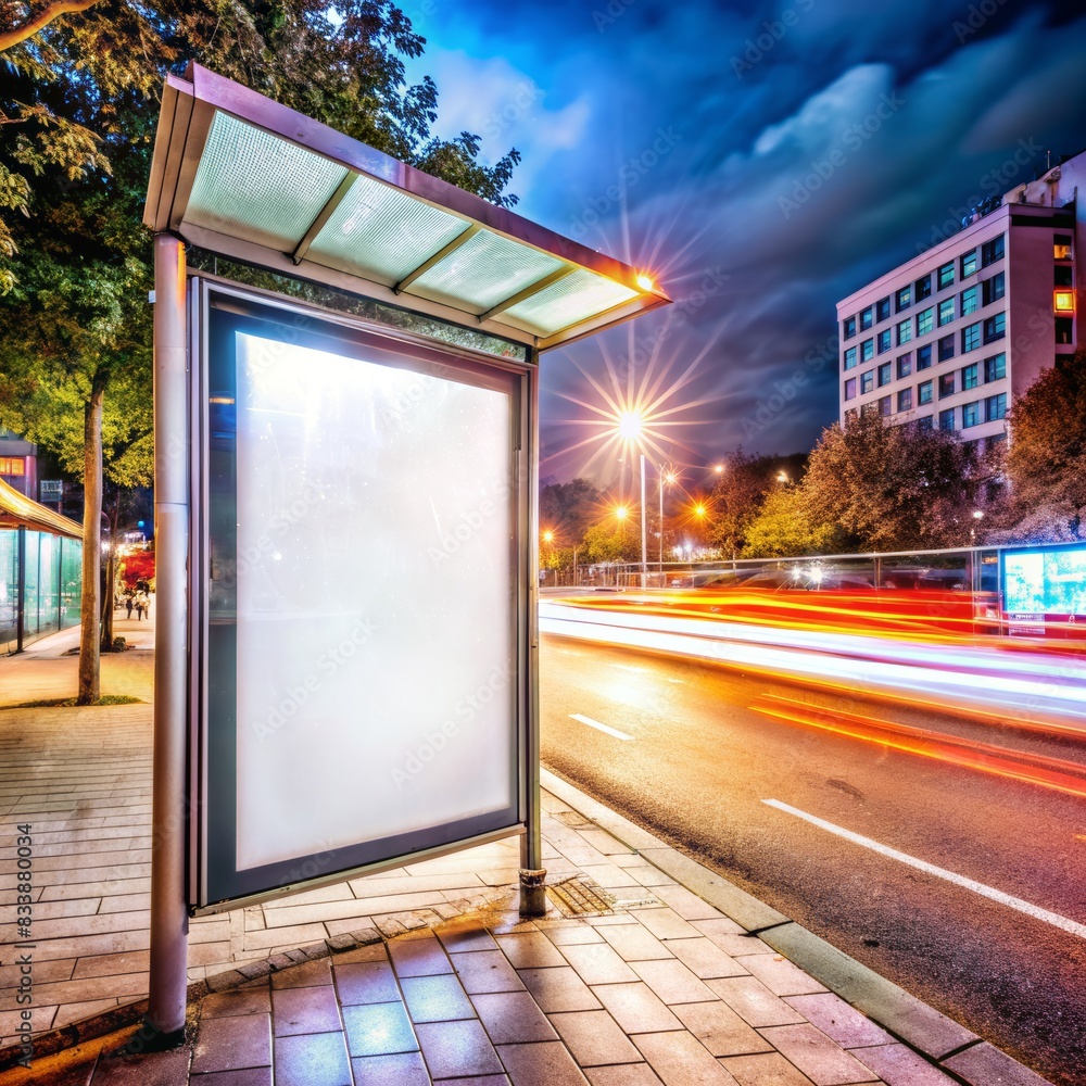 blank billboard on bus stop shelter at night mockup blank billboard on bus stop shelter at night mockup
