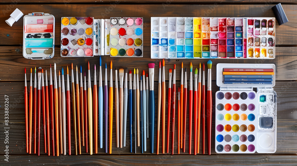 Flat Lay of Various Art Supplies on Wooden Background Flat Lay of Various Art Supplies on Wooden Background