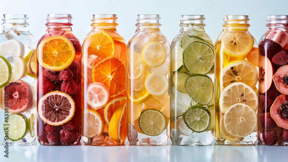Various bottles of infused water with sliced fruits. Various bottles of infused water with sliced fruits.