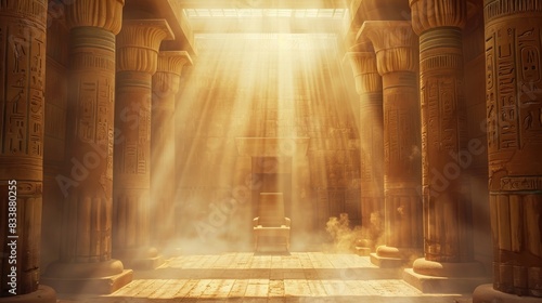 Ancient Egyptian majestic temple with columns and a throne. Atmospheric ancient interior Egypt hall. Rays of the sun, haze. AI photo