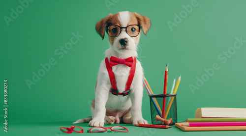 Billion Pound Funds In The Dog House
A dog sits at a desk, surrounded by an array of colored pencils. The dog wears a red bow tie and faces a chalkboard. An object obscures its face, ensuring privacy  photo