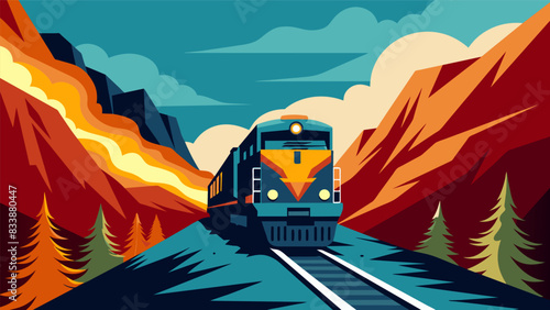 The intense heat radiating from a diesel engine as it operates powering a train through a rugged mountain pass.. Vector illustration