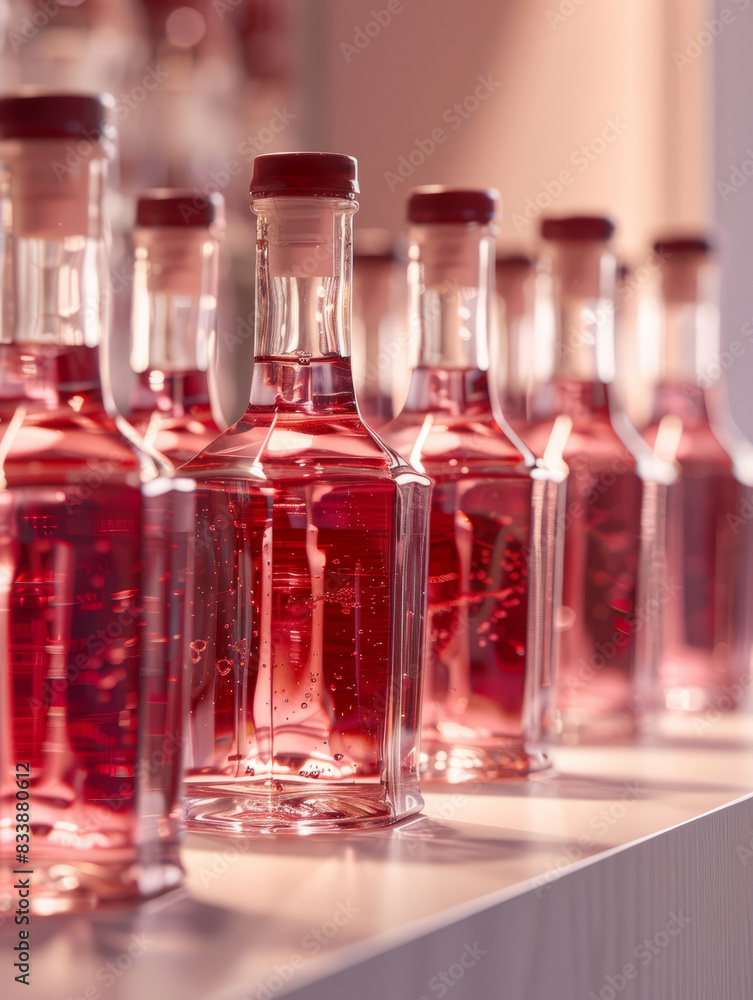 Row of red wine bottles with corks on a reflective surface Row of red wine bottles with corks on a reflective surface
