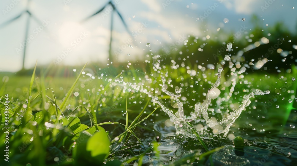 Obraz premium Close-up of vibrant green grass with water splashes and wind turbines in the background on a sunny day. Perfect for themes of nature, renewable energy, and environmental sustainability
