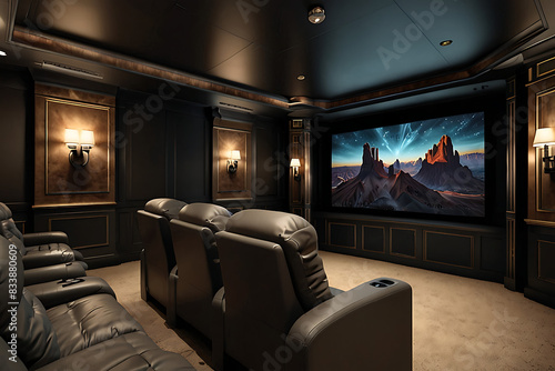 interior home cinema room with yellow lights and light blue leather armchairs with big movie screen. Stunning stylish home cinema. Luxury home theater design