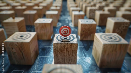 CRM and customer focus group illustration with wooden blocks and target icon. Ideal for themes of business, customer relationship management, and focus groups