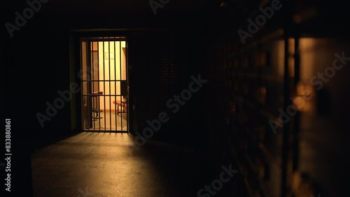 The prison hallway was dimly lit and gloomy, with cell bars, conveying a feeling of confinement
