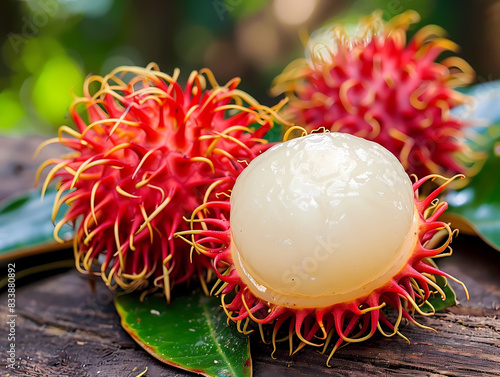 A ripe red fruit with a white centre sits on a wooden surface photo