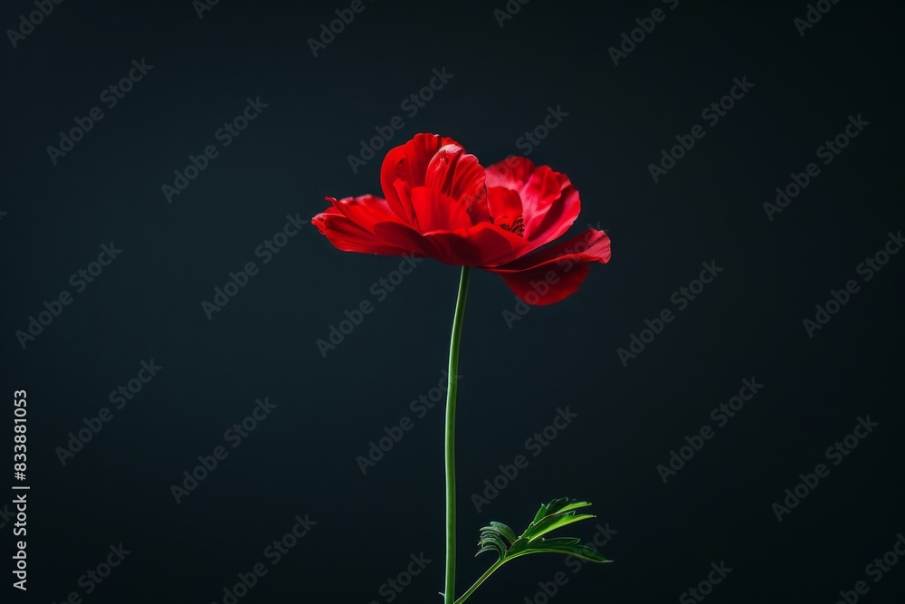 One vibrant red blossom on a slender green stalk in contrast to dark background One vibrant red blossom on a slender green stalk in contrast to dark background