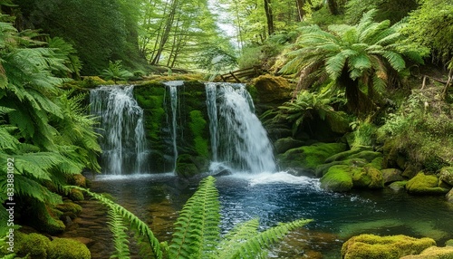  a scene of a tranquil waterfall cascading into a crystal-clear pool below  surrounded by moss-covered rocks and verdant ferns in a hidden forest glen. 