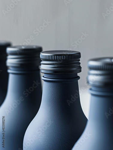 Close-up of blue matte beverage bottles with caps  aligned in a row.