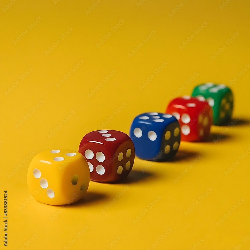 Dices in different colors on a yellow background with shadow Dices in different colors on a yellow background with shadow