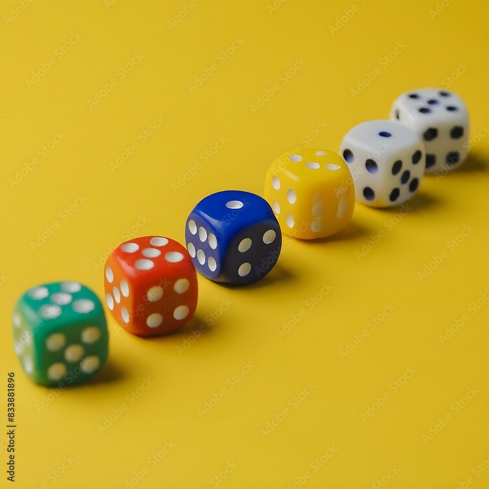 Random Colours dice on a yellow background 3d creative design Random Colours dice on a yellow background 3d creative design