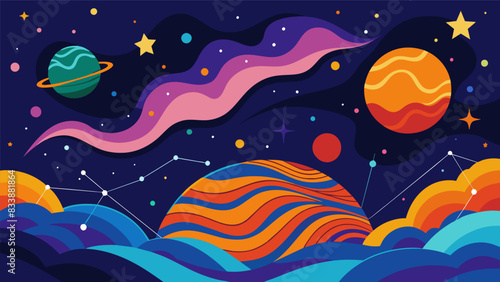 The night sky comes alive with vibrant colors and patterns as a skilled artist captures the essence of each constellation in their unique drawing. Vector illustration
