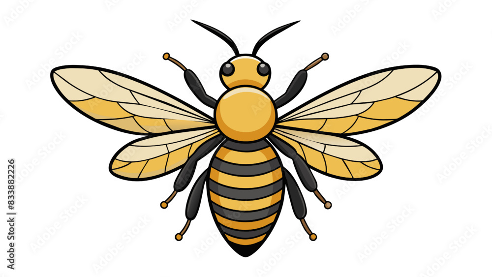A black and yellow striped bee pollinates a white flower in a summer garden A black and yellow striped bee pollinates a white flower in a summer garden