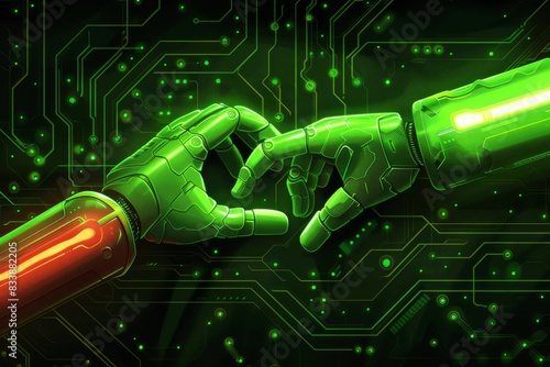 Green and Red Robot Hands Connecting, Symbolizing Technological Collaboration and Advanced AI Interaction