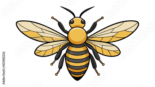 A black and yellow striped bee pollinates a white flower in a summer garden
