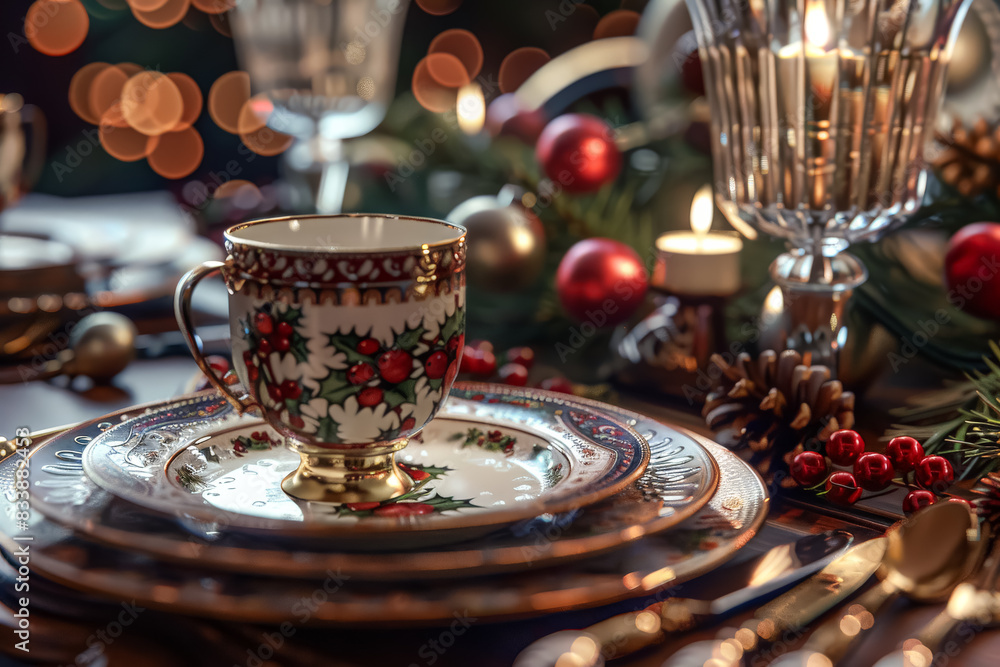 Fototapeta premium A set of fine china with a blue cup and saucer placed on top of a white plate