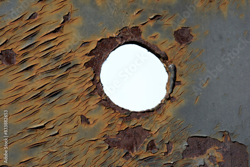 Close up rusty, peeling, painted metal background