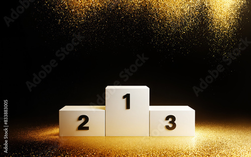 Empty Winners podium with 3 places. Luxury background with golden confetti