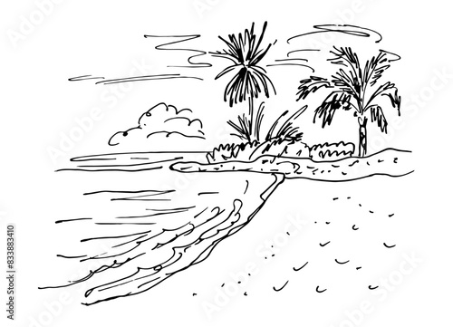 Sketch of tropical landscape with palms.Vector illustration	