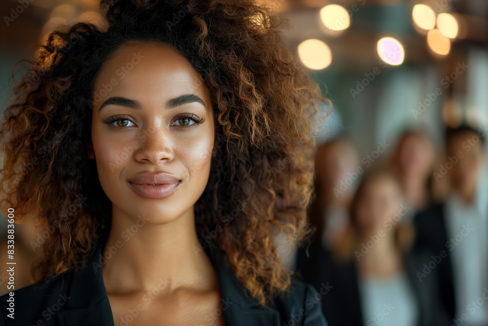 Fototapeta premium Confident businesswoman with bokeh background. Professional portrait of a confident young woman with colleagues in the background. Fit for portraying leadership, diversity, and business themes