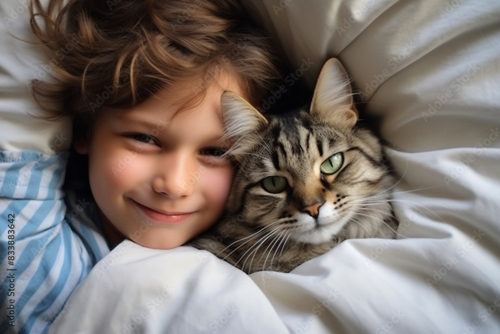 Adorable child hugging kitten in the bed. Adorable child hugging kitten in the bed.