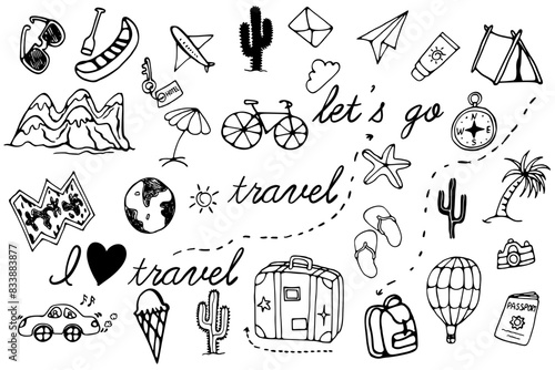 Set Travel Doodle. Tourism and summer sketch with travelling elements. Perfect for typography design, poster, packaging, banner, logo. Vector illustration

