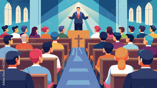The pews are filled with eager congregants as a renowned apologist and a skeptic square off in a churchsponsored debate on the existence of God.. Vector illustration