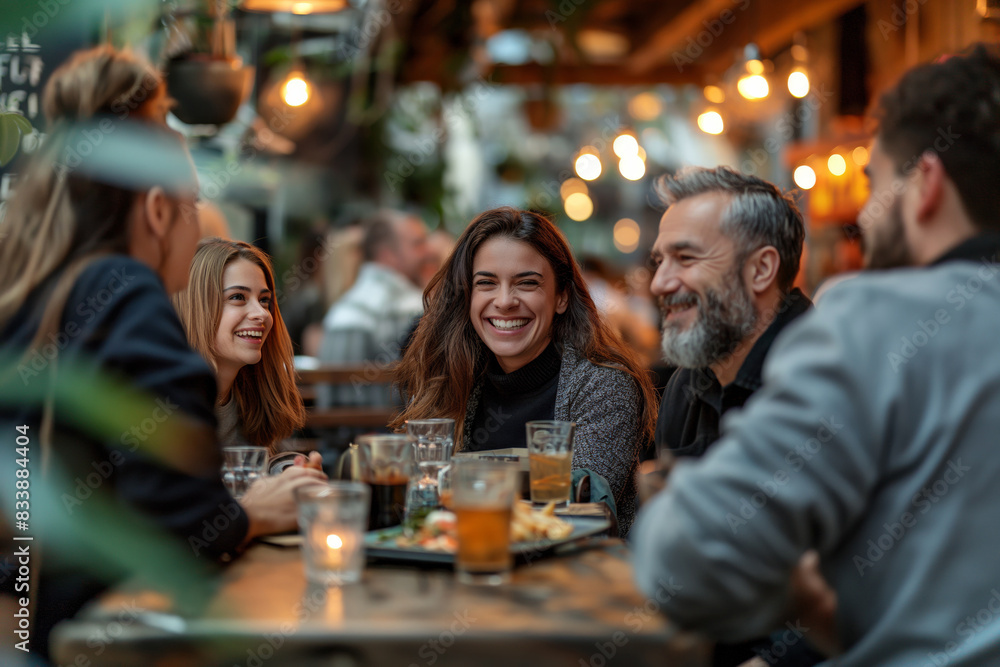 Friends enjoying drinks at a cozy outdoor café. Smiling group of adults sharing a joyful evening, fostering a sense of camaraderie and friendship. For social, lifestyle, and hospitality contexts. Friends enjoying drinks at a cozy outdoor café. Smiling group of adults sharing a joyful evening, fostering a sense of camaraderie and friendship. For social, lifestyle, and hospitality contexts.