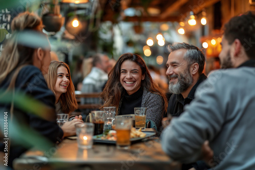 Friends enjoying drinks at a cozy outdoor caf  . Smiling group of adults sharing a joyful evening  fostering a sense of camaraderie and friendship. For social  lifestyle  and hospitality contexts.