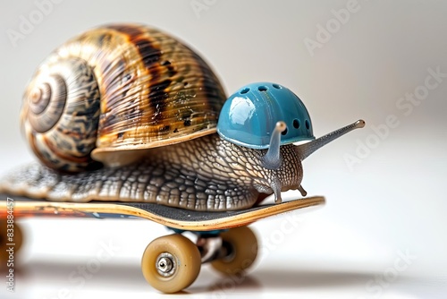 A quirky snail wearing a tiny helmet and riding a skateboard