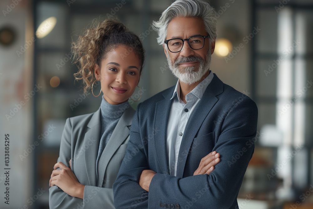 Confident professional team in the office. Smiling young businesswoman and mature businessman standing with folded arms, depicting teamwork and leadership. Ideal for business, leadership Confident professional team in the office. Smiling young businesswoman and mature businessman standing with folded arms, depicting teamwork and leadership. Ideal for business, leadership