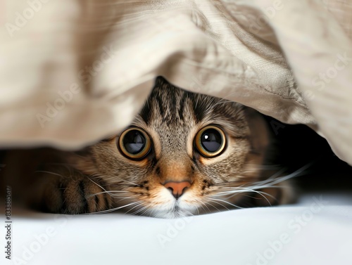 A cat peeks out from under the covers, its eyes wide with fear. photo