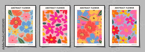 Set of abstract groovy floral posters. Trendy botanical wall art with flower design print in vibrant colors. Modern naive for interior decor  cover  card  template  banner  wallpaper and background.