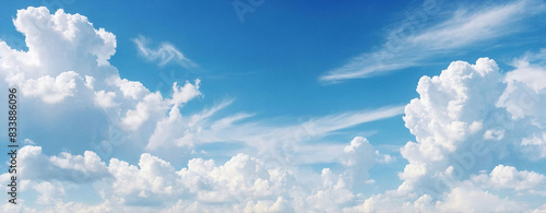  White clouds in a sunny blue sky, peaceful spring ambiance background, heavenly cloudscape 