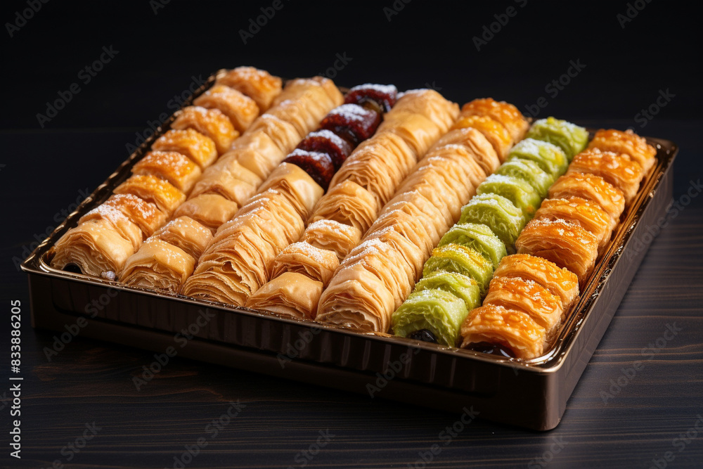 Large assortment of baklava on a tray. Large assortment of baklava on a tray.