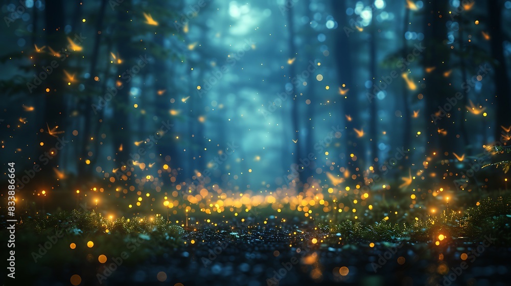Naklejka premium A magical forest at night, twinkling fireflies scattered across the dark backdrop, mysterious and ethereal, soft glows of green and yellow, high contrast, hd quality, soft focus.