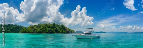 Tranquil yacht anchored near tropical island