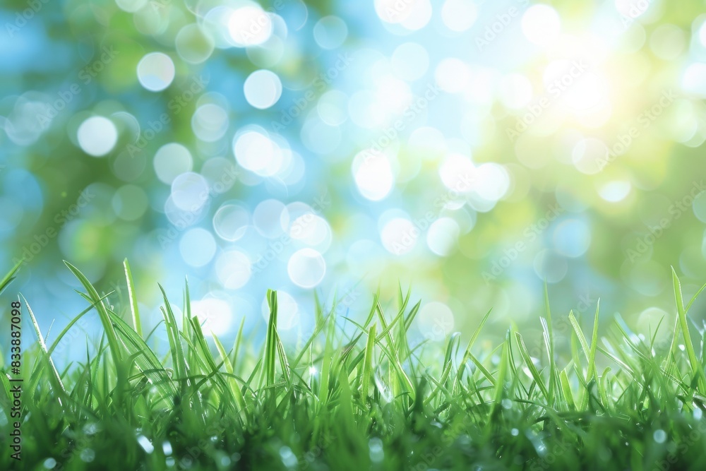 Fototapeta premium Vibrant spring field with lush green grass and clear blue sky. Artistic backdrop featuring soft focus and room for words