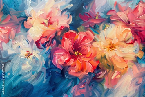 Colorful abstract expressionism, blossoming blossoms, artistic floral inspirational beauty illustration, oil paintings, wall decor photography