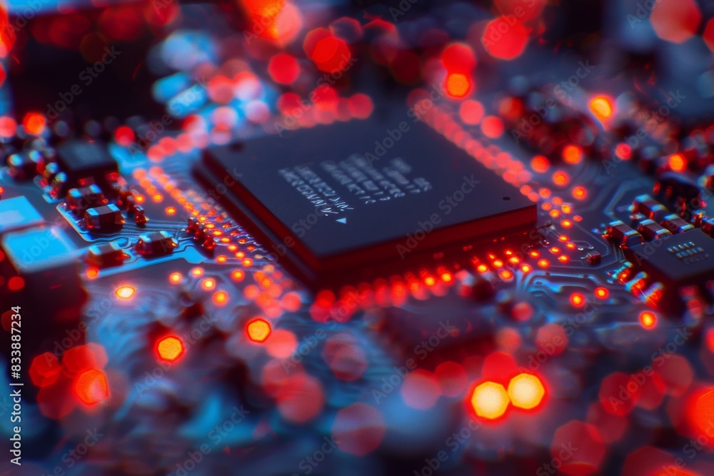 Close-up of a high-tech microchip with neon lights, highlighting the intricate details of modern semiconductor technology.