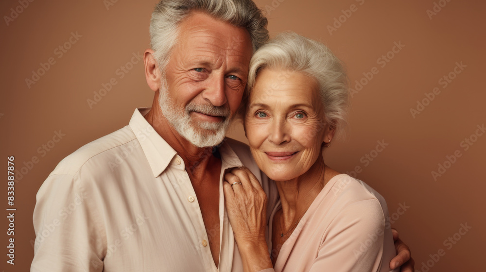 An elderly couple is embracing each other with warm smiles, showcasing their lifelong bond and enduring love in their golden years. Their intimate connection reflects a happy and content partnership An elderly couple is embracing each other with warm smiles, showcasing their lifelong bond and enduring love in their golden years. Their intimate connection reflects a happy and content partnership