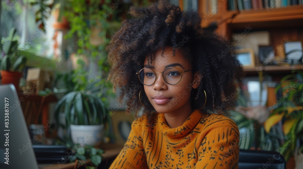 A young woman with curly hair and glasses is creating a cozy workspace in her room filled with plants. She is working on her laptop, ideal for productive work in a modern, inspiring home office A young woman with curly hair and glasses is creating a cozy workspace in her room filled with plants. She is working on her laptop, ideal for productive work in a modern, inspiring home office